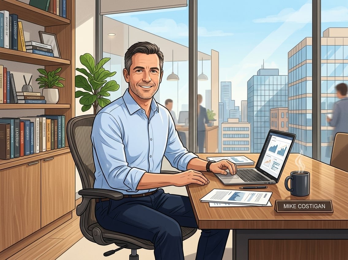 A middle-aged man sitting at a desk in an office with a laptop, papers, and a coffee cup, with a city view through a window behind him.