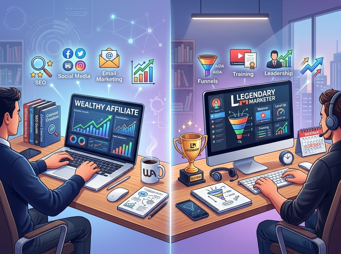 Two side-by-side workspaces representing different online marketing platforms, each with computers, office supplies, and digital marketing icons symbolizing tools and resources.