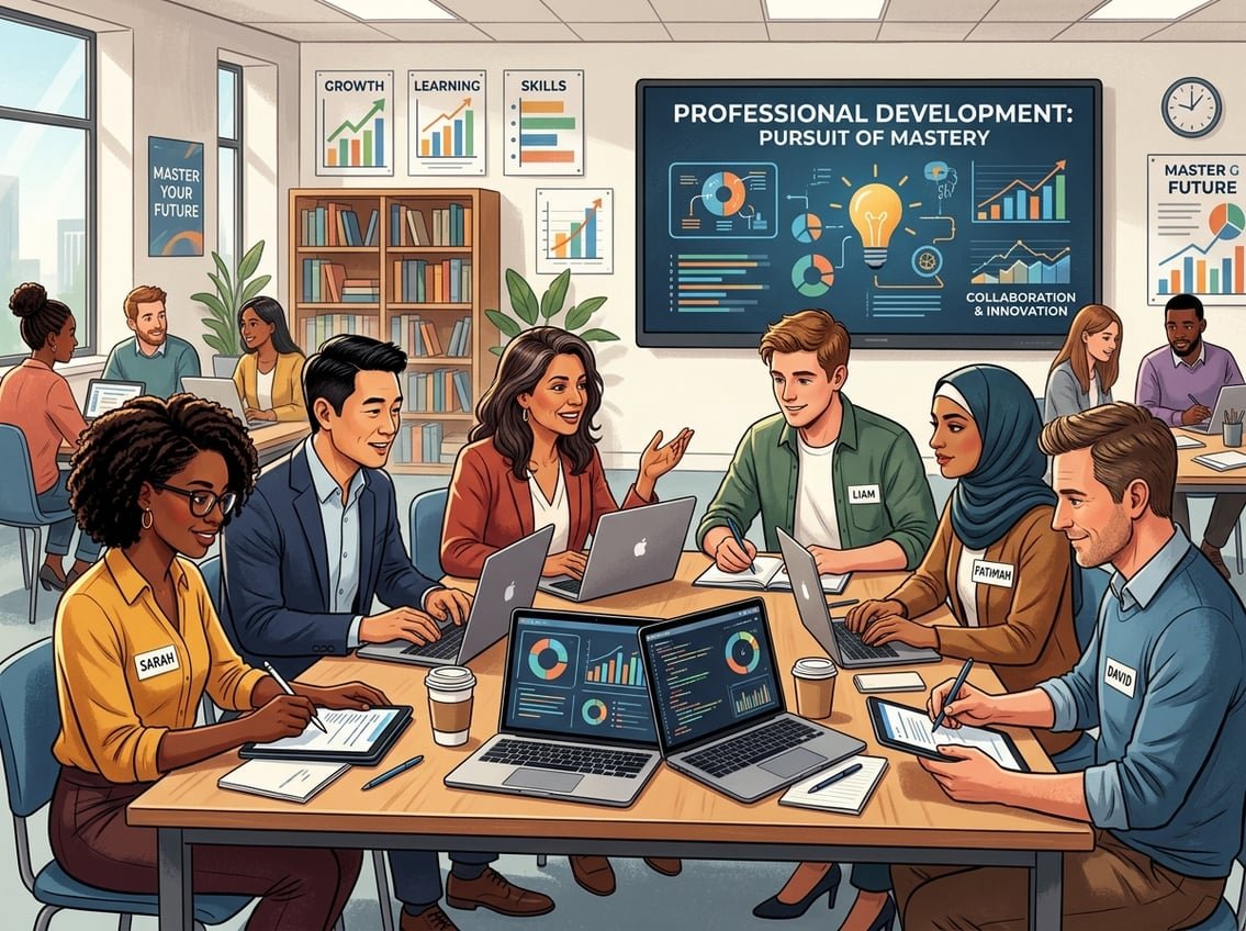 A diverse group of adult learners studying together in a bright classroom with digital devices and educational materials.