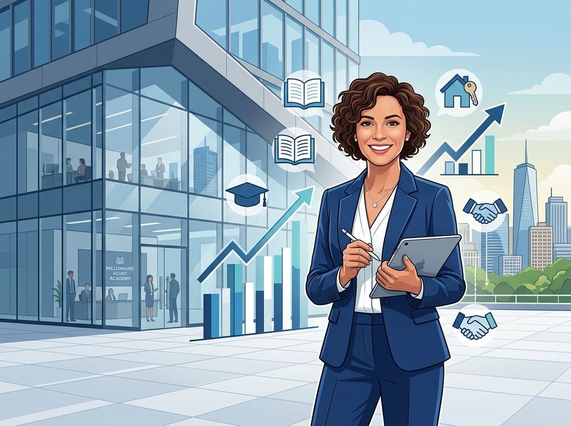 A confident real estate agent standing in front of a modern office building with a city skyline and upward trending graphs in the background.