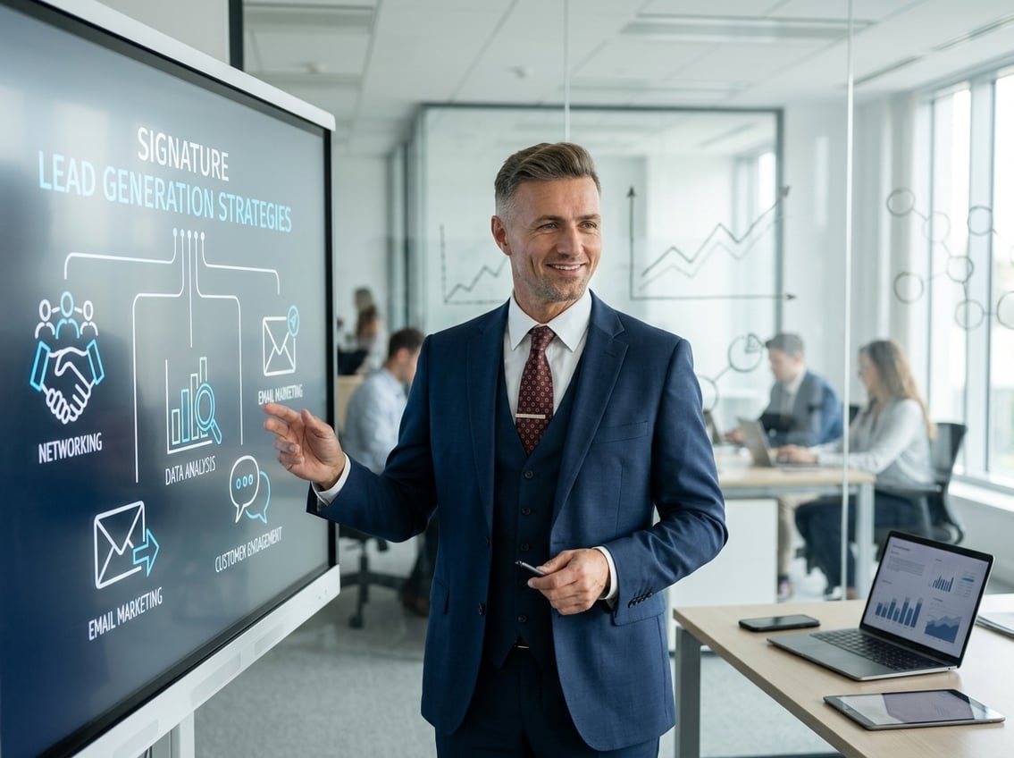 A business professional stands next to a digital whiteboard showing icons and graphs representing lead generation strategies in a modern office setting.