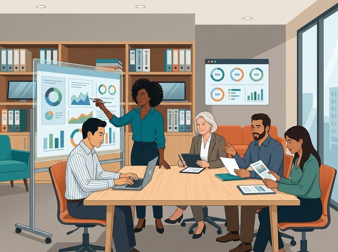 A group of professionals collaborating around a table with digital devices and charts, reviewing program data in a modern office setting.