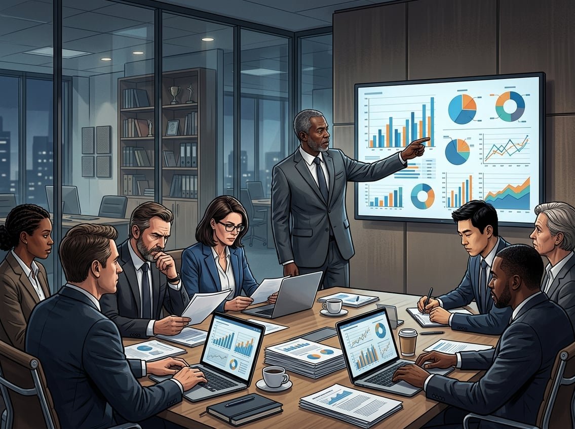A group of business professionals in a meeting room reviewing charts and data on a large screen, showing serious and focused expressions.