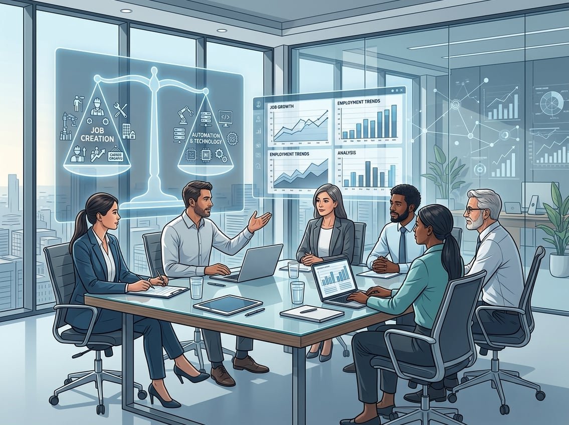 A group of business professionals in a meeting room discussing charts and data about job impacts, with a balance scale showing job and technology icons.