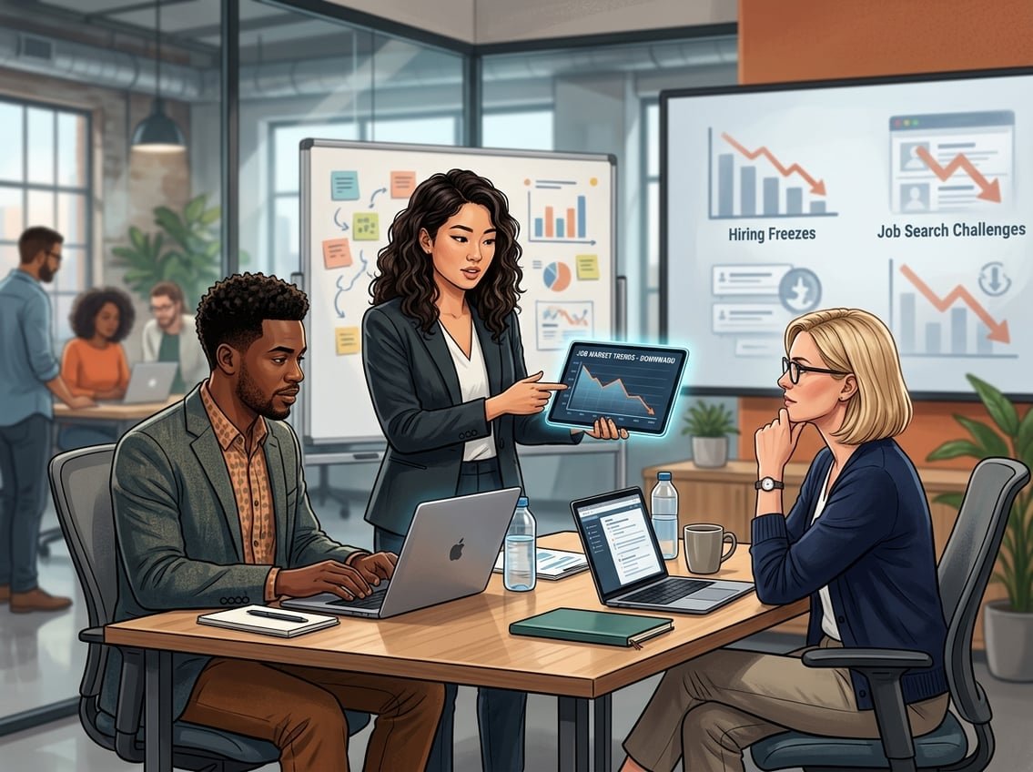 Three founders in an office discussing data about job market challenges with charts and laptops.