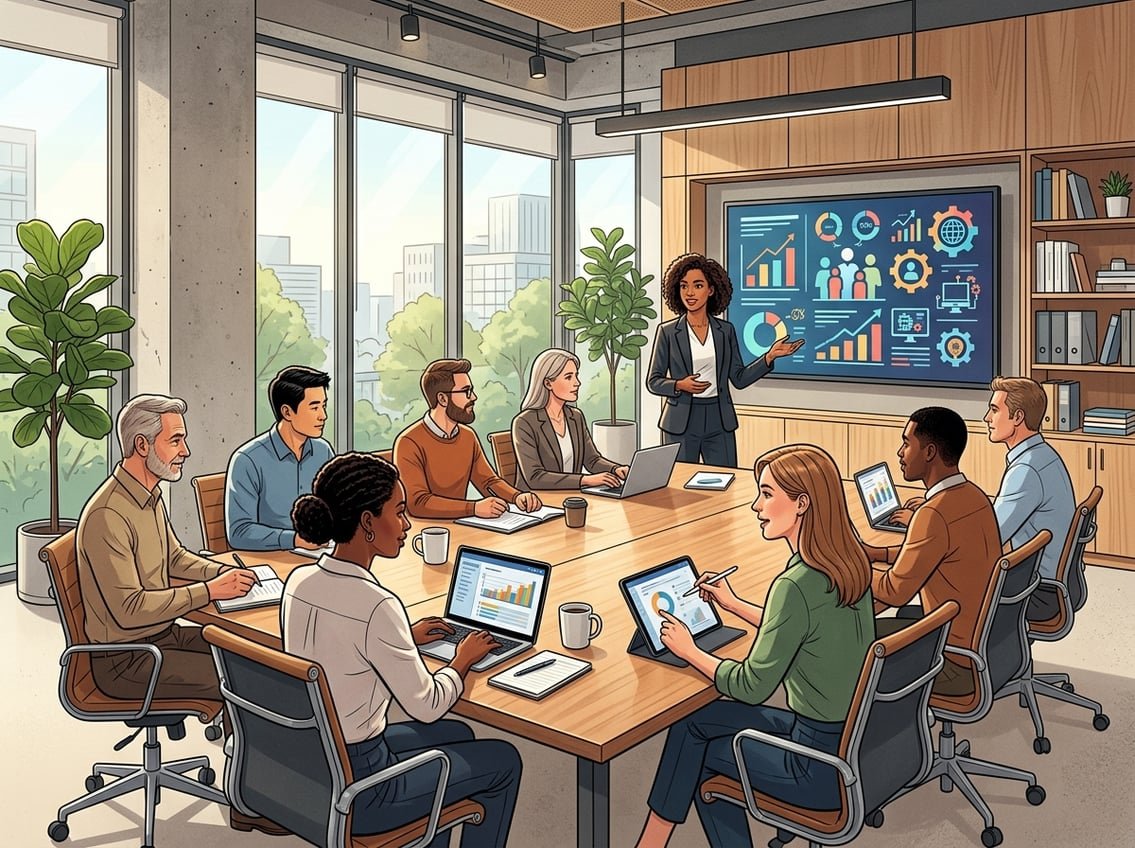 A group of professionals in a conference room participating in a training session with a trainer presenting data on a digital screen.