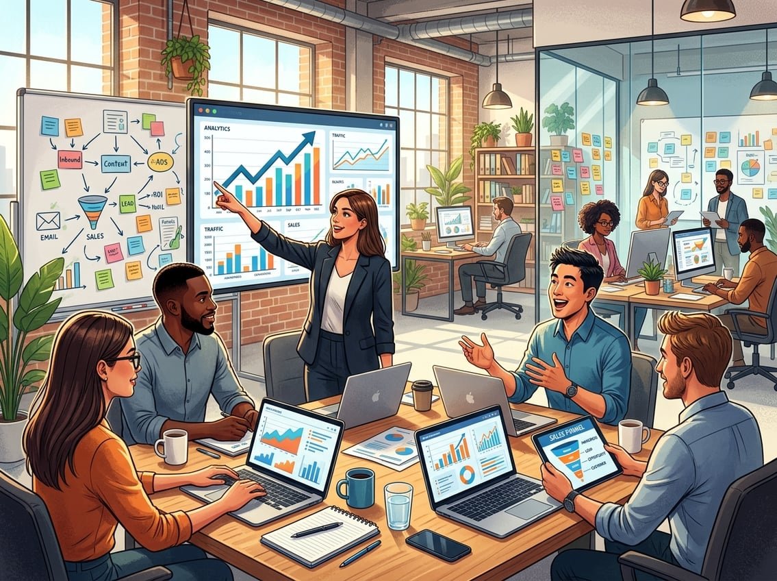 A group of business professionals collaborating around a table with laptops and charts in a modern office setting.