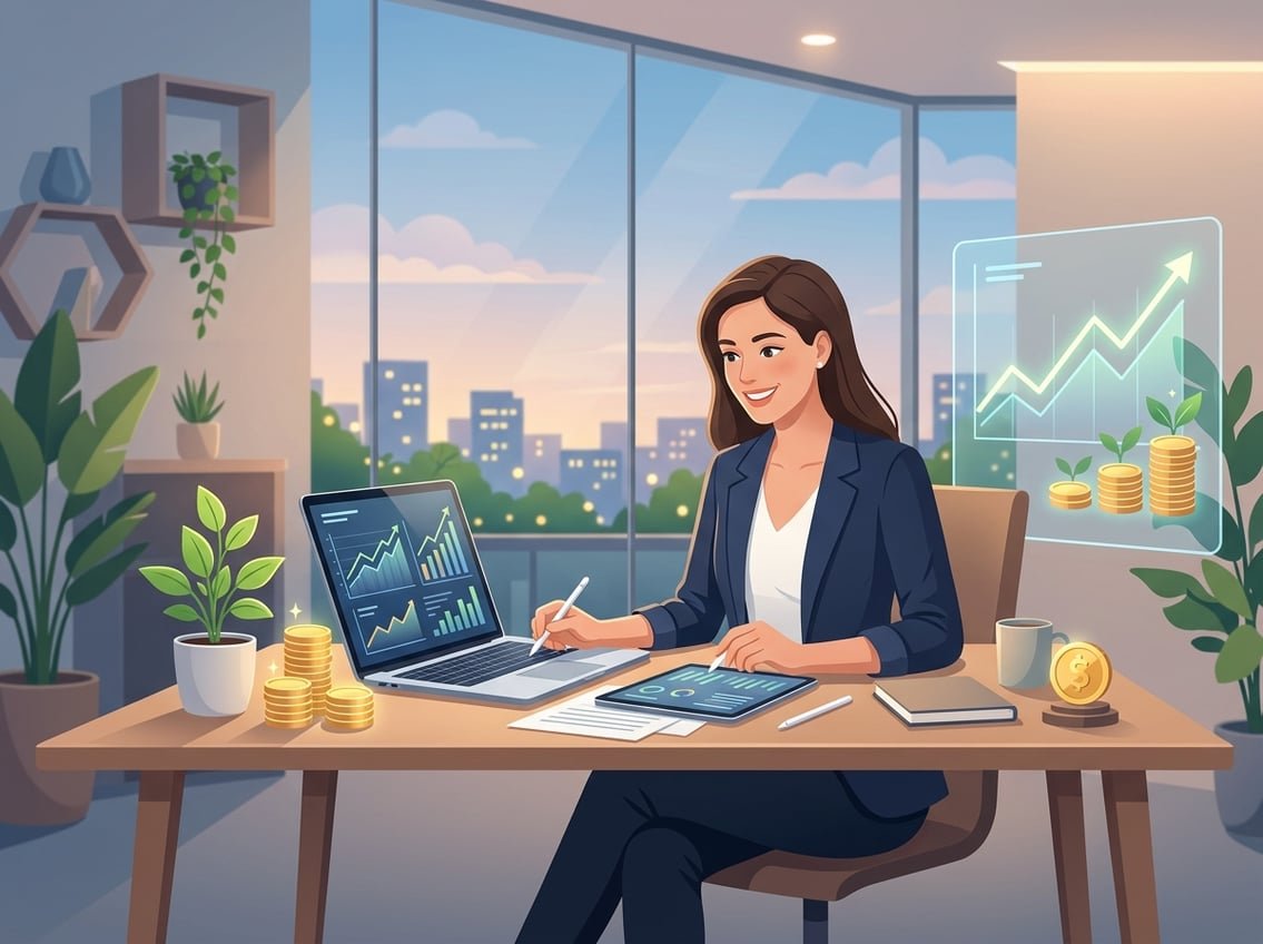 A businessperson working at a desk with financial charts and symbols of growth in a calm office setting.