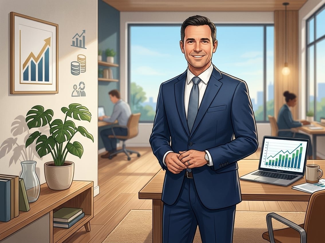 A confident businessman standing in an office with financial charts and a laptop on the desk, surrounded by symbols of growth and peace.