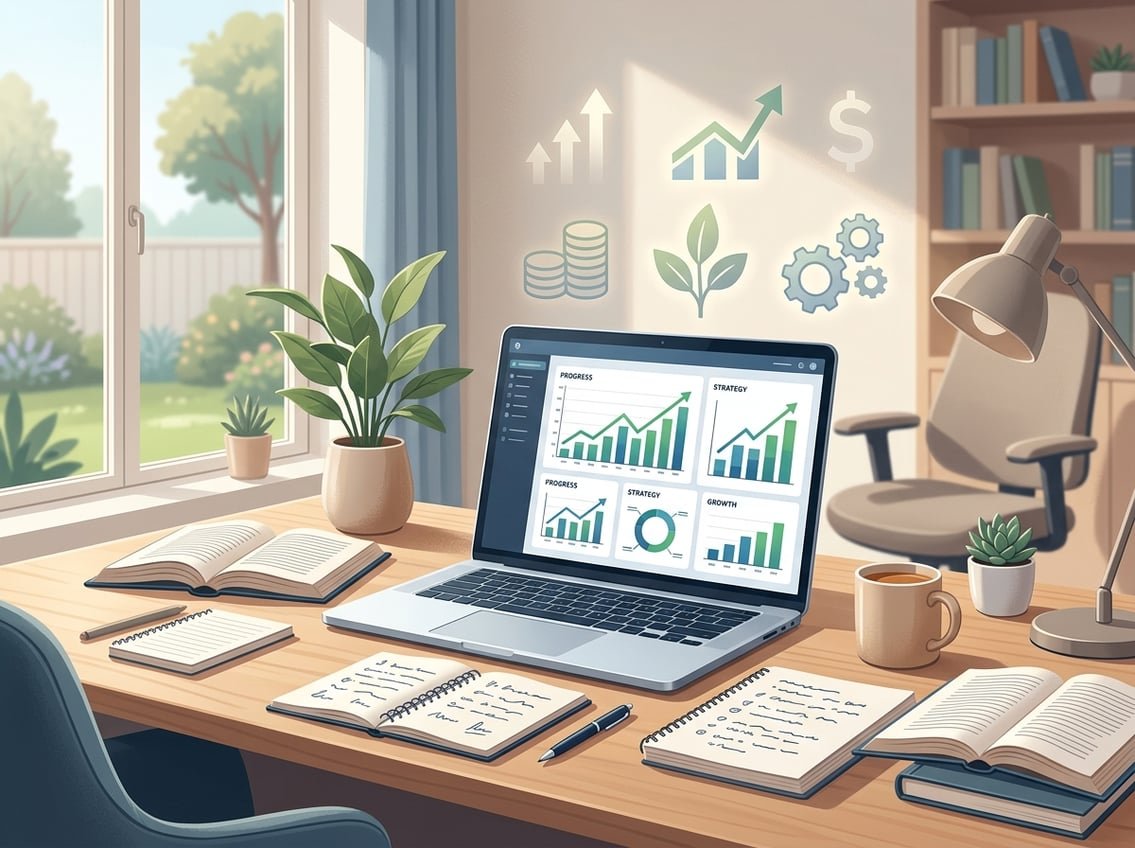 A calm workspace with a laptop showing charts, open books, and symbols of financial growth.