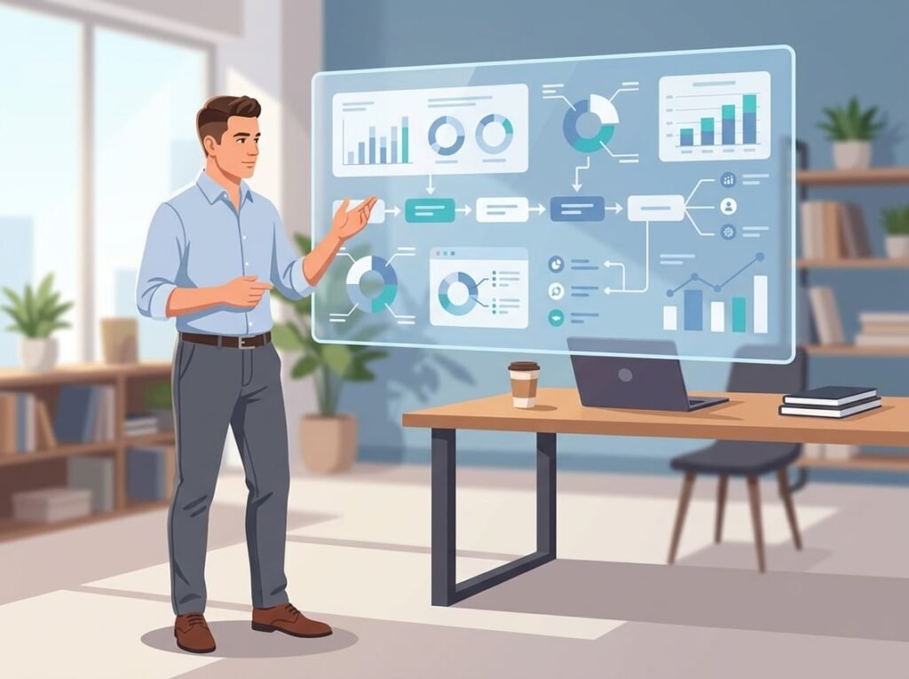 A man standing next to a digital screen displaying charts and diagrams in a modern office setting.