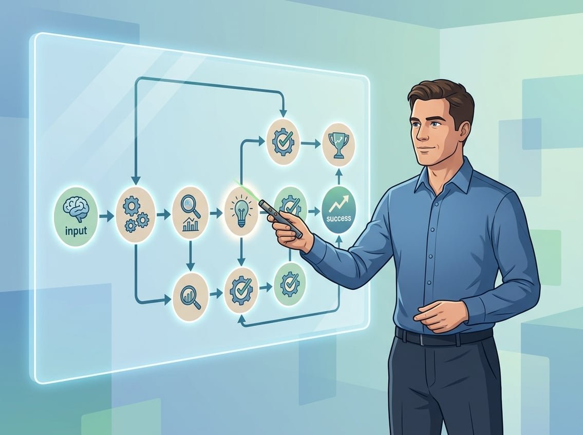 A man stands next to a large flowchart showing steps and connections, pointing to one step as he explains a process.