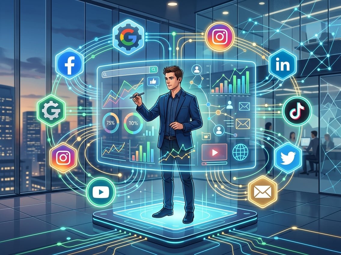 A person analyzing digital data on a large screen surrounded by icons representing various online advertising platforms and traffic sources in a modern office setting.