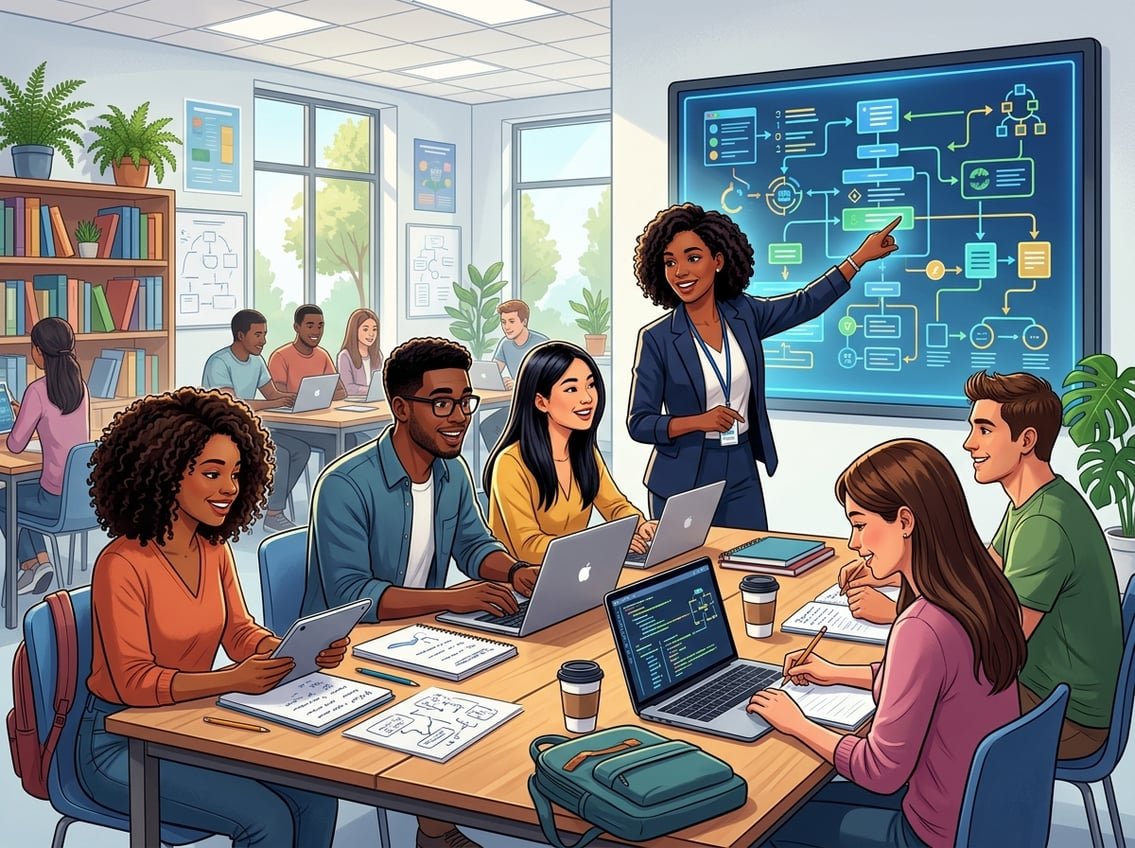 A group of students and a teacher collaborating around a table with laptops and notebooks in a bright classroom, with a digital screen showing diagrams in the background.