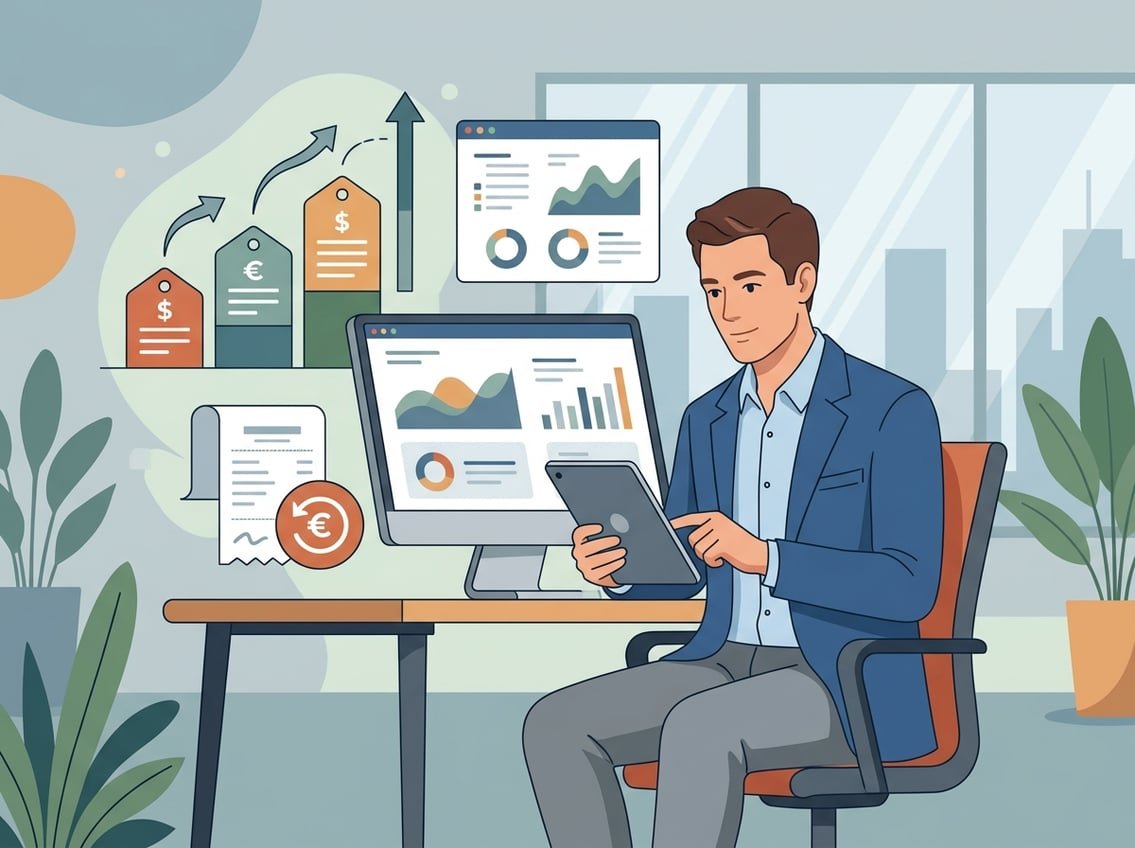 A business professional reviewing charts and symbols representing pricing tiers, upsells, and refunds in an office setting.