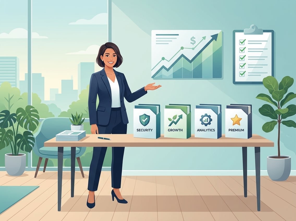A businessperson presenting organized service packages with icons and graphs in a calm office setting.