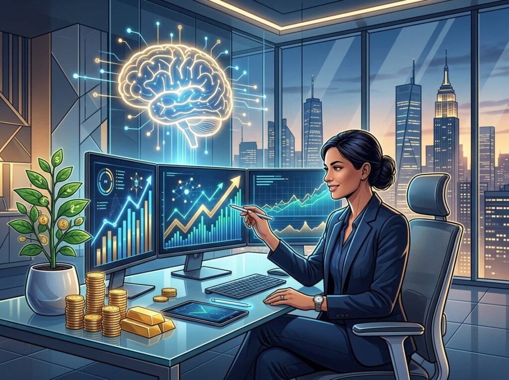 A businessperson at a desk analyzing financial charts with symbols of wealth and a glowing brain icon representing intelligence, set against a city skyline.