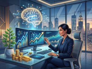 A businessperson at a desk analyzing financial charts with symbols of wealth and a glowing brain icon representing intelligence, set against a city skyline.