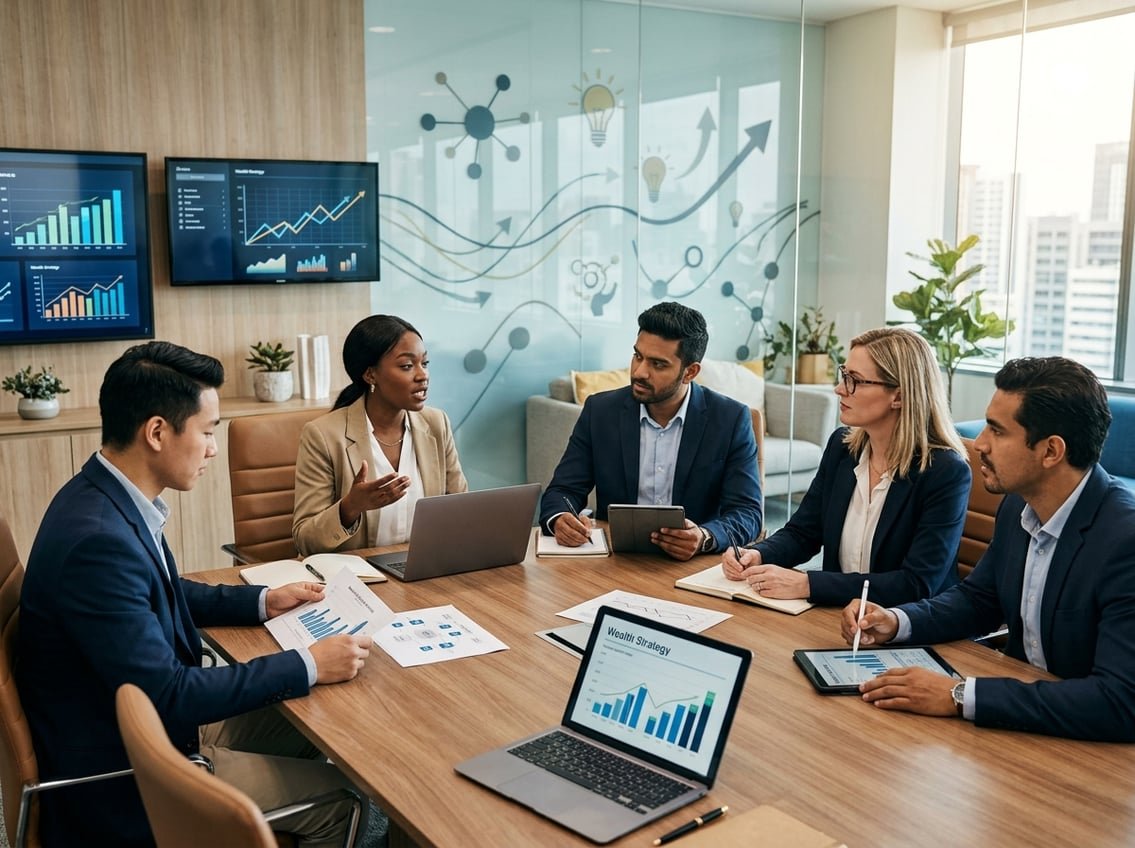 A group of diverse professionals sitting around a conference table, engaged in a discussion about wealth and strategy, with charts and digital devices visible.