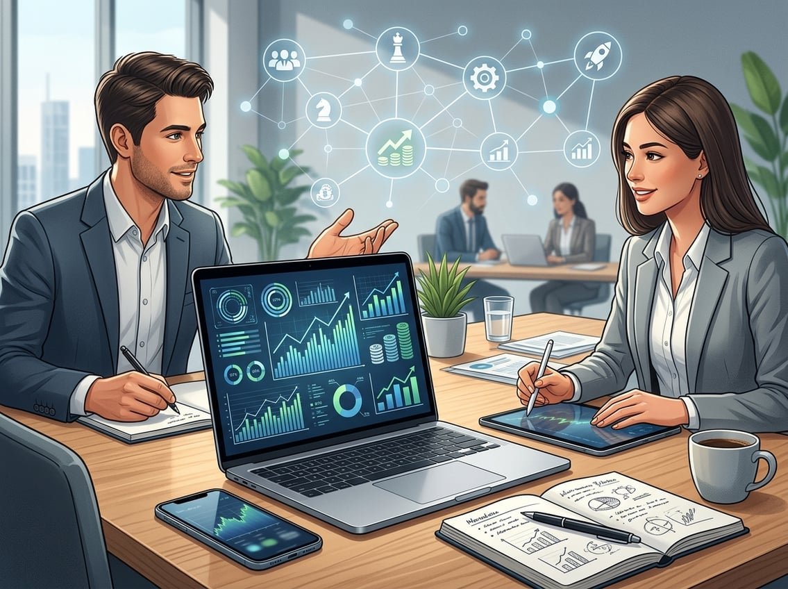 A modern workspace with a laptop showing charts, a smartphone, notebook, and coffee cup, surrounded by icons representing teamwork and growth.