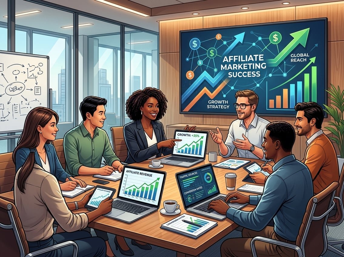 A group of professionals in a conference room collaborating around a table with laptops and charts, discussing strategies for affiliate marketing success.