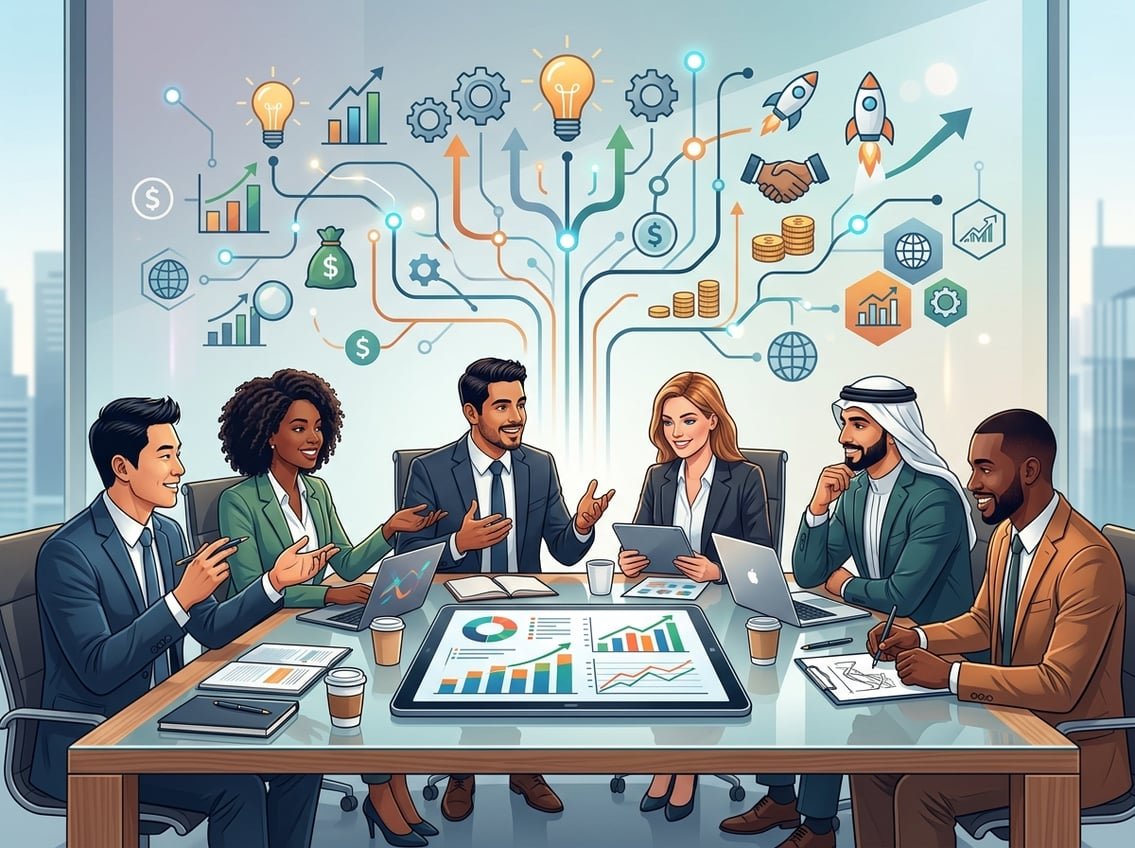 A group of professionals collaborating around a conference table with charts and digital devices, surrounded by abstract symbols representing business growth and innovation.
