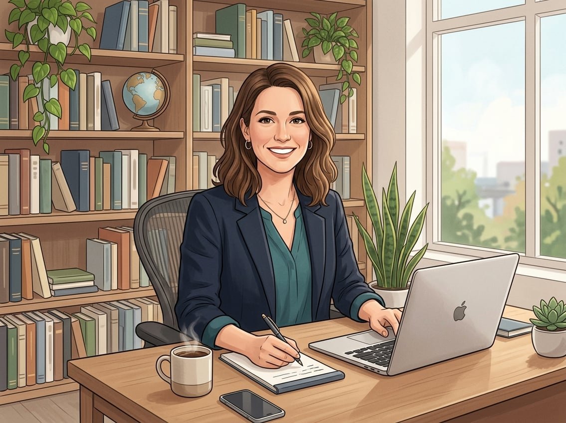 A woman sitting at a desk in an office with bookshelves and plants around her, smiling confidently.