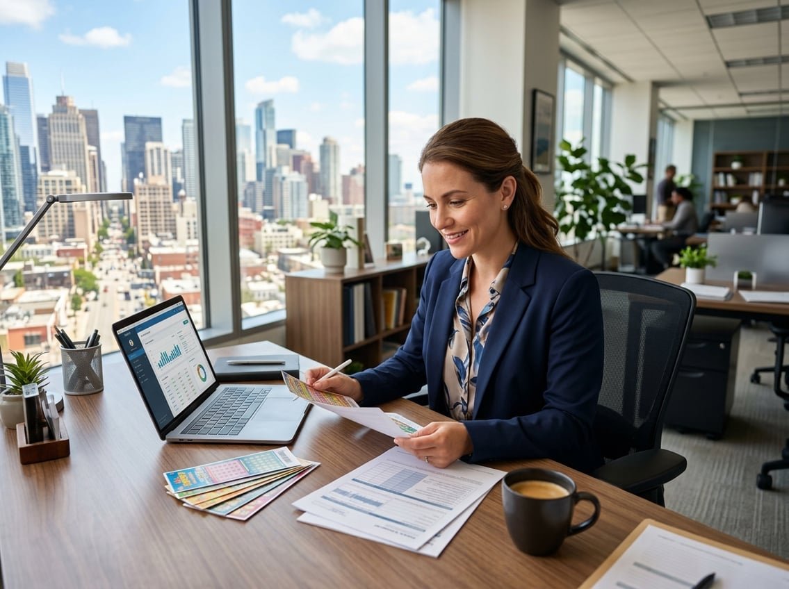 A lottery agent reviewing lottery tickets and documents at a desk in an office with a city view behind them.