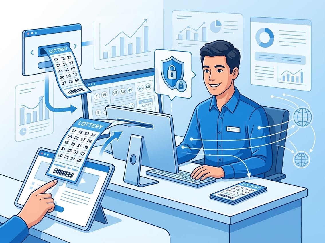 A lotto agent at a desk with computer screens showing lottery tickets and secure transactions, surrounded by icons representing online lottery purchases and international access.