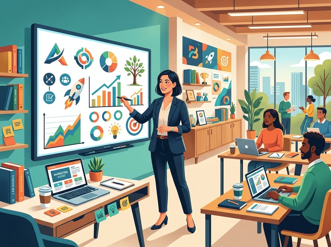 A woman standing by a digital whiteboard with charts and branding icons in a modern classroom setting surrounded by books and a laptop.