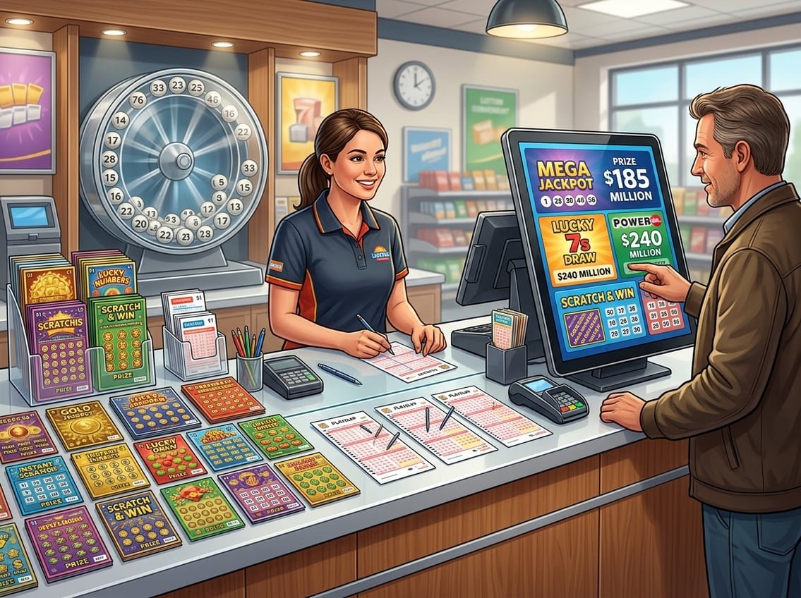 A lottery agent's counter displaying a variety of colorful lottery tickets, scratch cards, and a digital lottery terminal, with an agent assisting a customer and a lottery ball machine in the background.