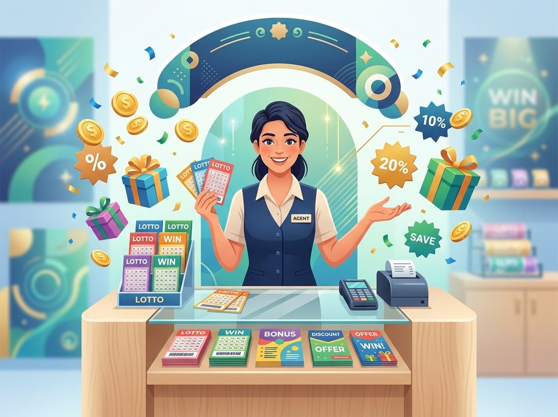 A lottery agent stands behind a counter with lottery tickets and promotional items, surrounded by symbols of bonuses and discounts like coins, gift boxes, and discount tags.