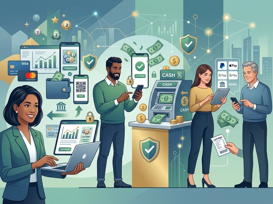 People using digital devices to make secure payments and withdrawals with icons representing various payment methods and money.