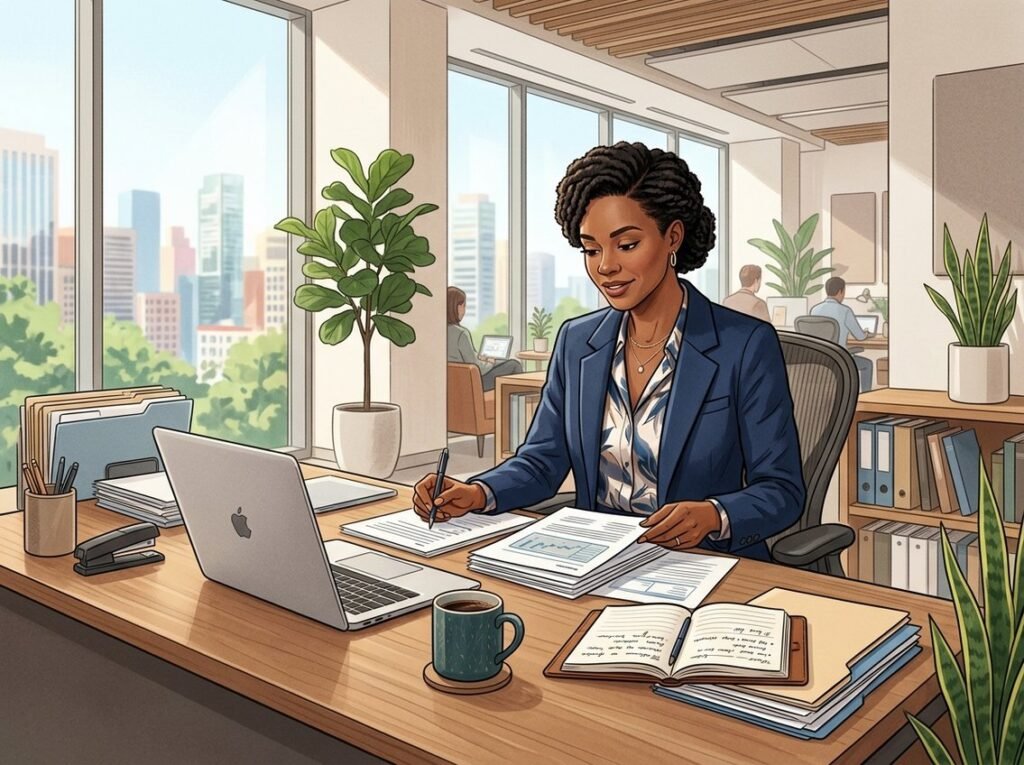 A woman sitting at a desk reviewing documents in a bright office with plants and large windows.