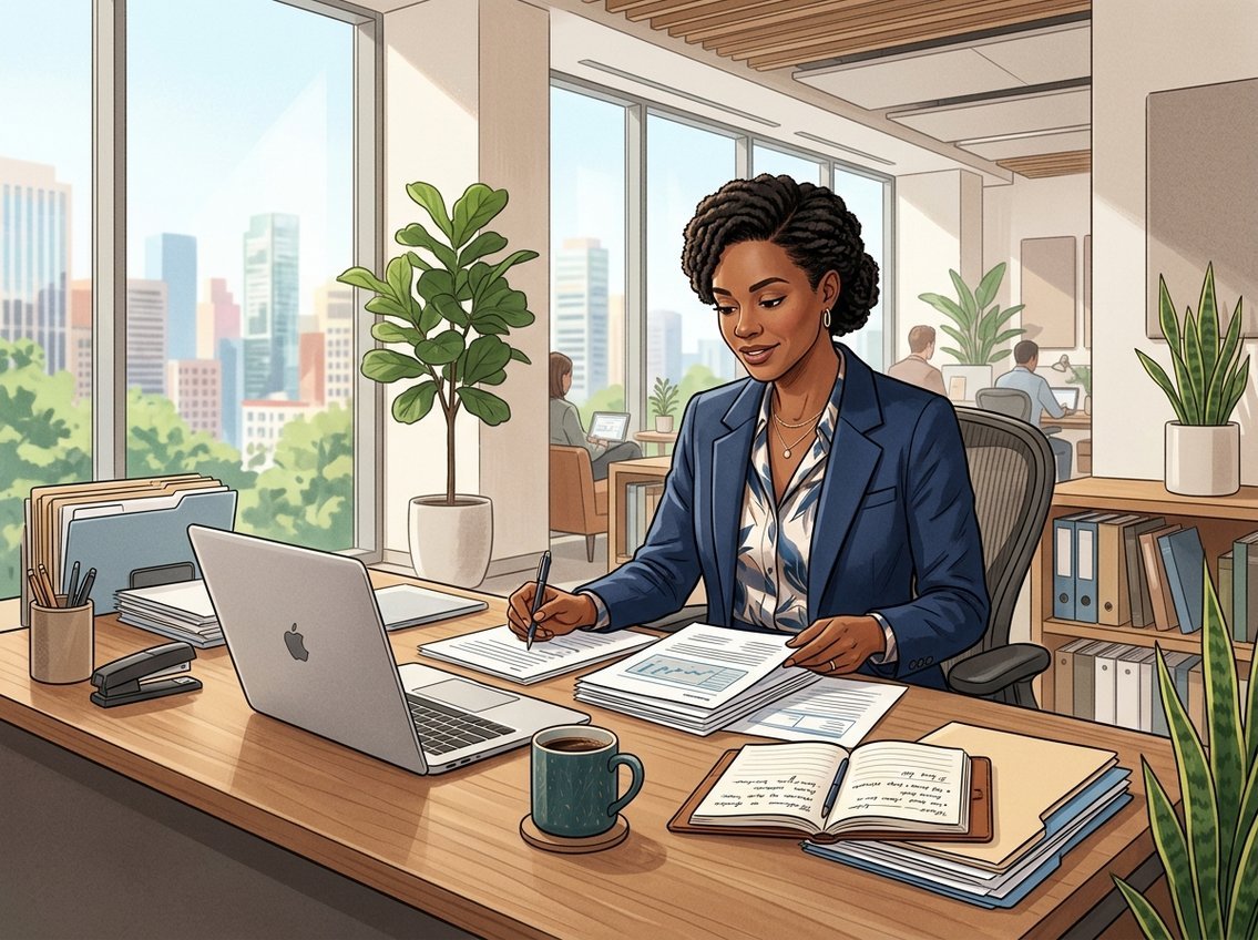 A woman sitting at a desk reviewing documents in a bright office with plants and large windows.