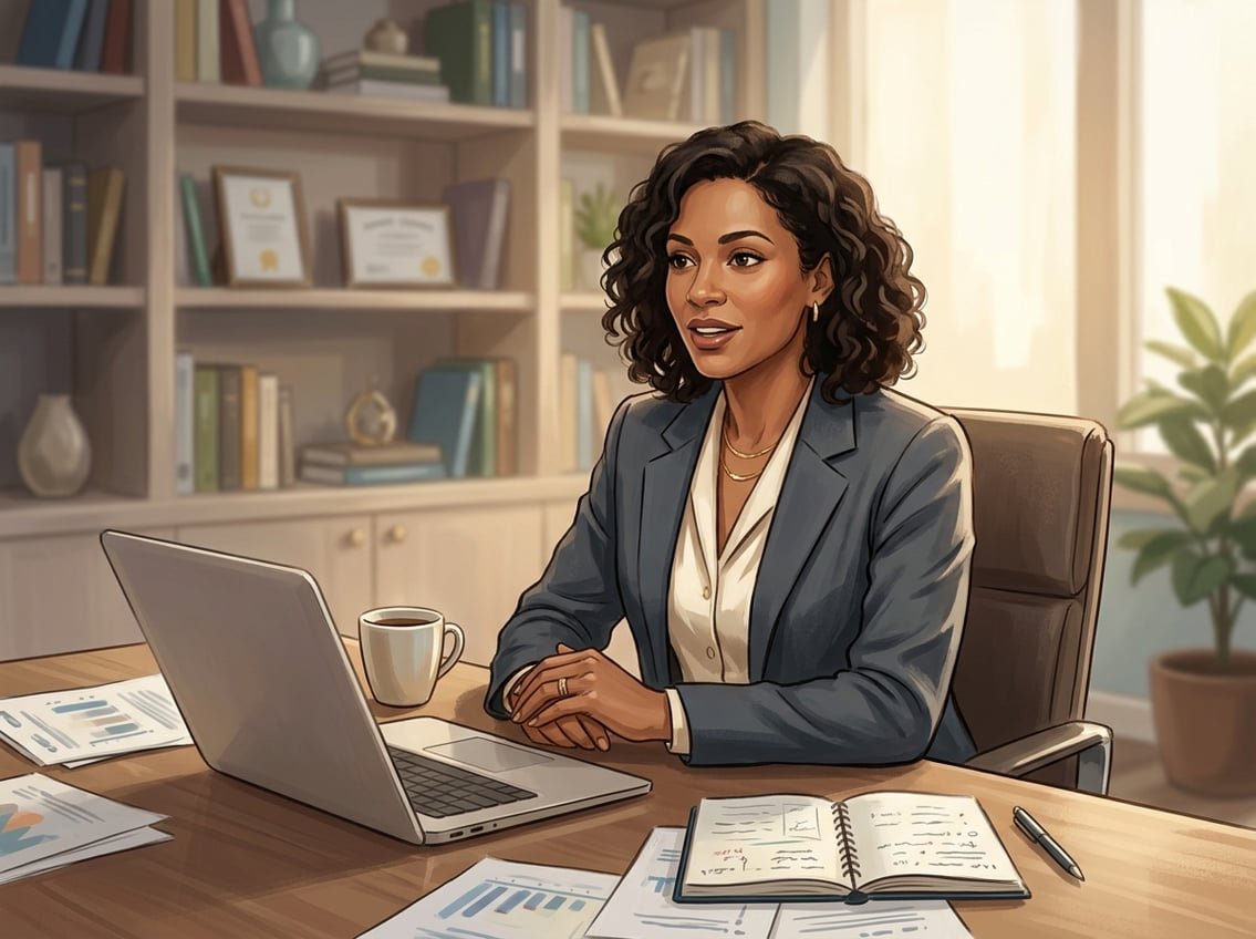 A woman sitting at a desk with a laptop and coffee, surrounded by charts and documents.