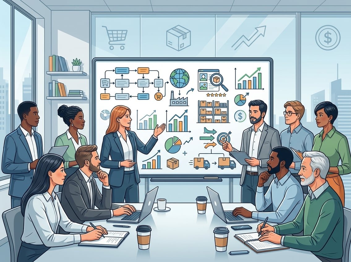 A group of people collaborating around a digital whiteboard showing business charts and graphs in a modern office setting.