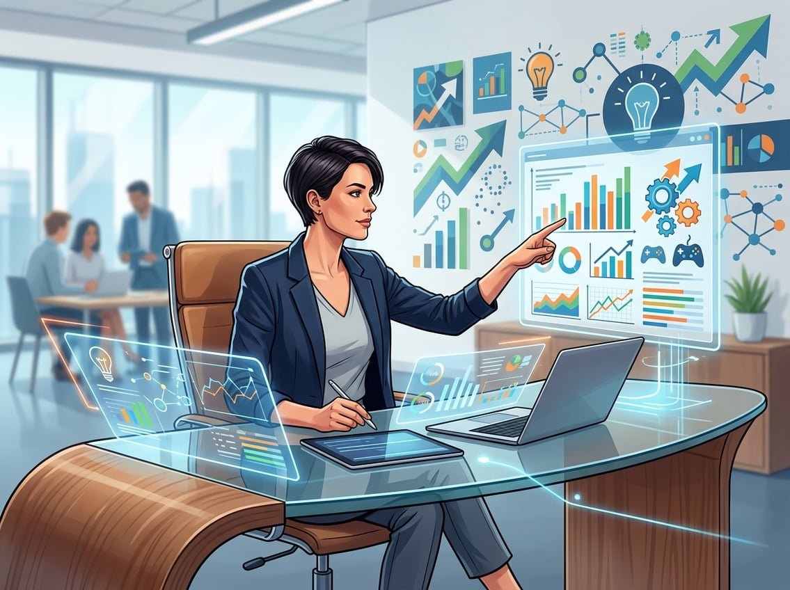 A person at a desk reviewing digital charts and graphs on multiple screens, surrounded by symbols of innovation and progress.