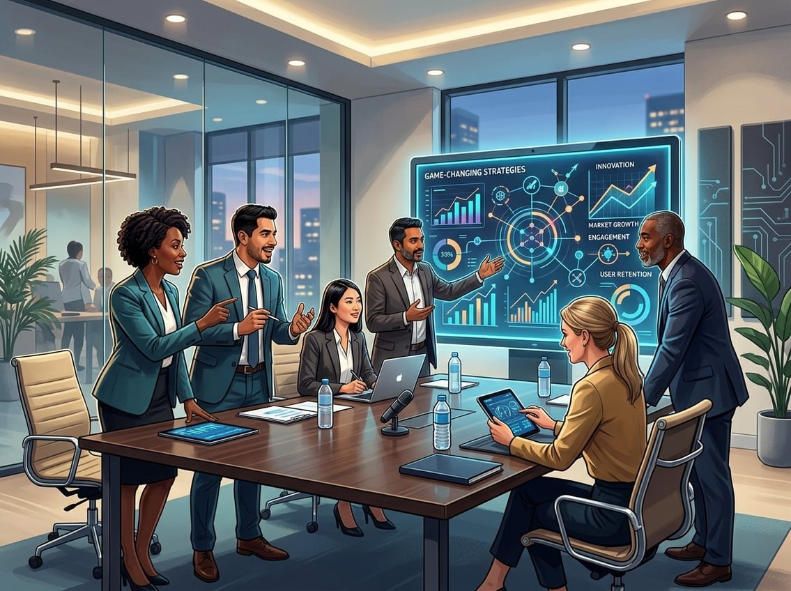 A group of diverse people collaborating around a digital screen in a modern conference room, engaged in a discussion about innovative gaming strategies.