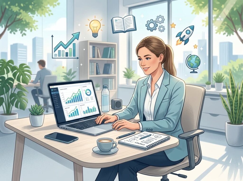 A modern workspace with a laptop, notebook, coffee cup, and icons symbolizing growth and learning in a bright office setting.
