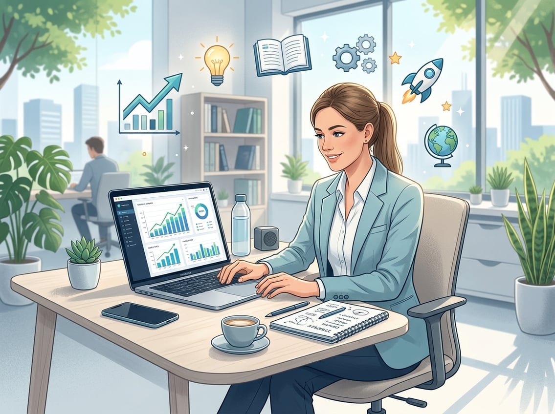 A modern workspace with a laptop, notebook, coffee cup, and icons symbolizing growth and learning in a bright office setting.
