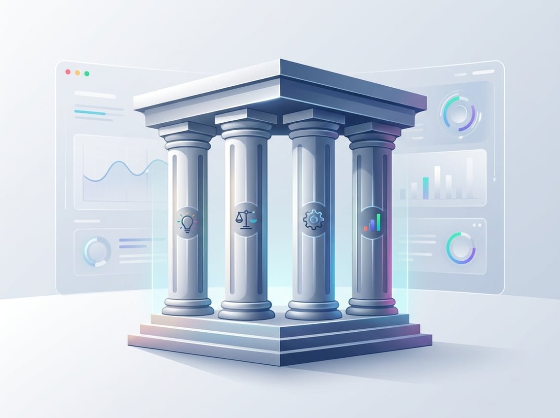 A set of four strong pillars representing core foundational elements standing on a solid base with a digital interface background showing abstract graphs and charts.