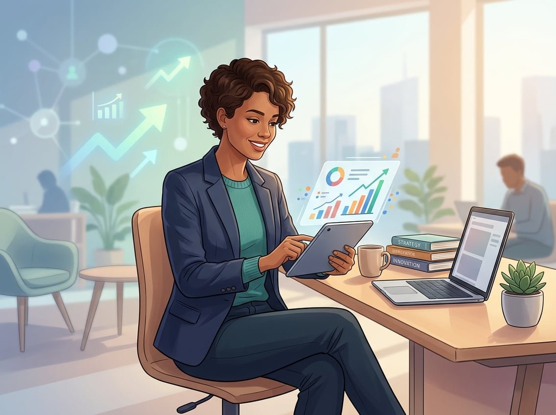 A business professional working with a digital tablet in a modern office surrounded by a laptop, books, and symbols of digital connectivity.