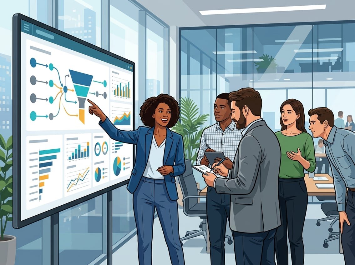 A group of business professionals collaborating around a digital dashboard displaying graphs and flowcharts related to lead management in an office setting.