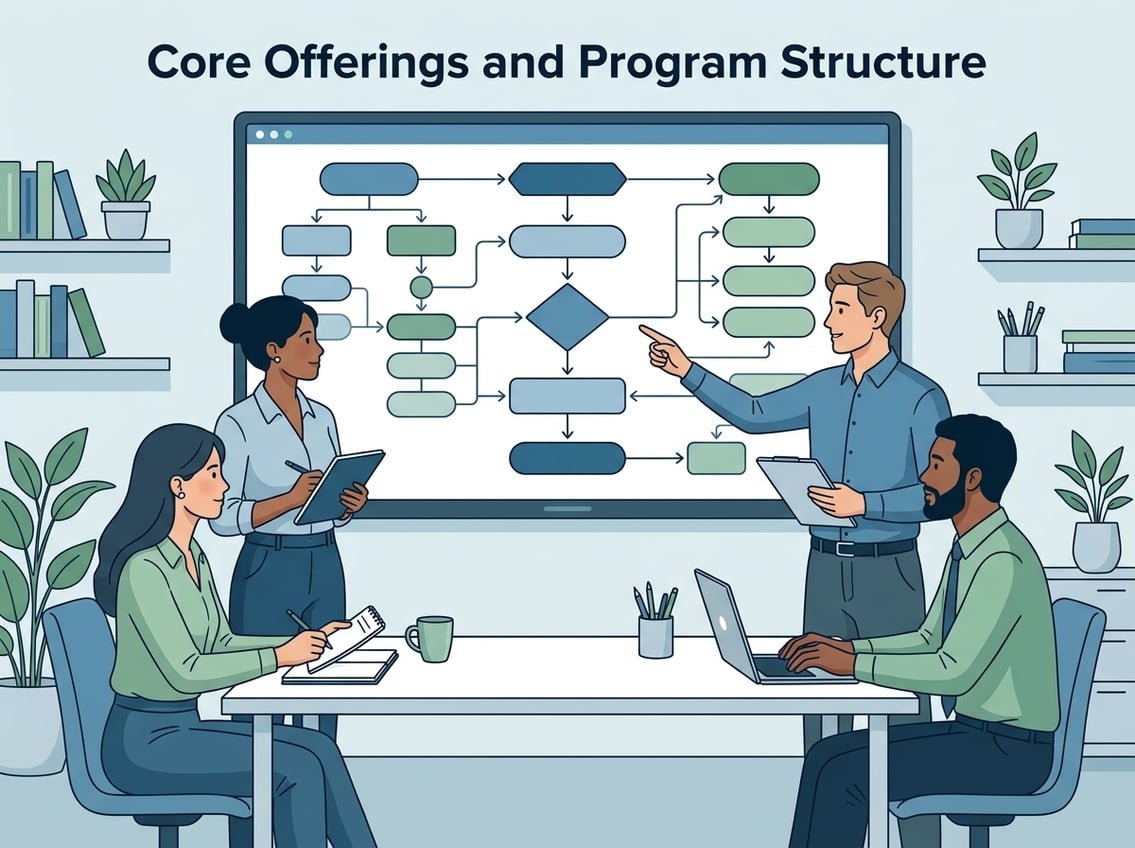 A group of professionals collaborating around a digital screen displaying a flowchart of a structured educational program in a modern workspace.