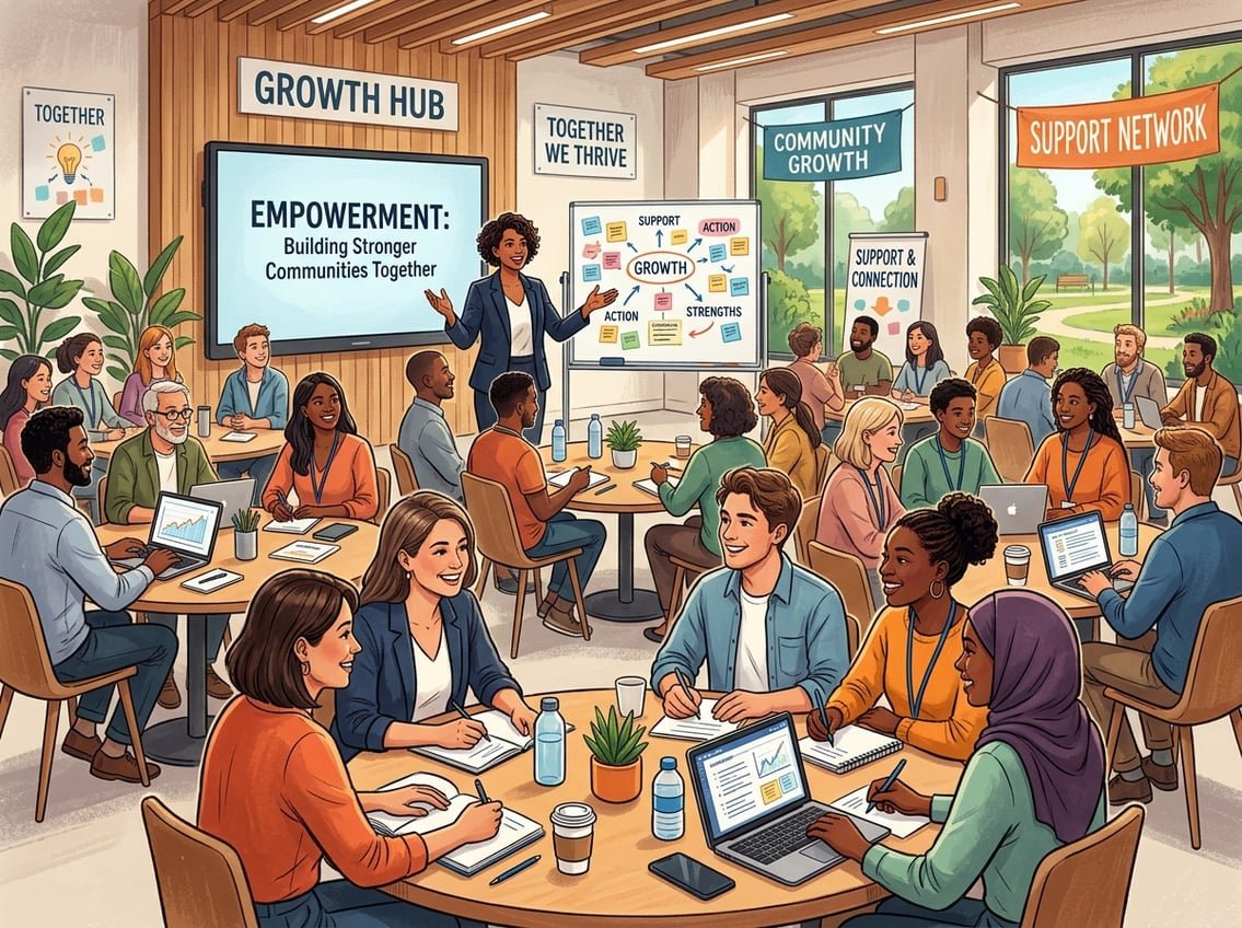 A diverse group of people gathered in a room, attentively participating in a coaching session led by a mentor.