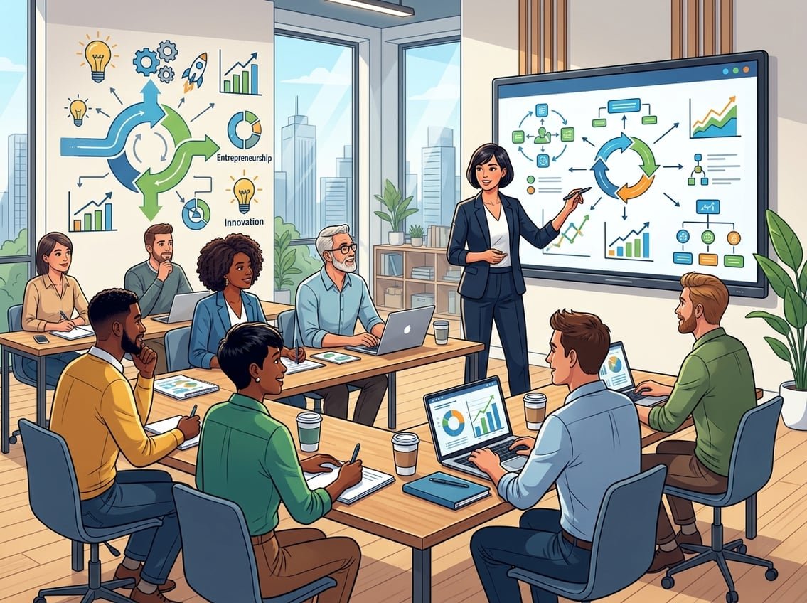 A group of people in a bright classroom learning about business models with charts and laptops, led by an instructor.