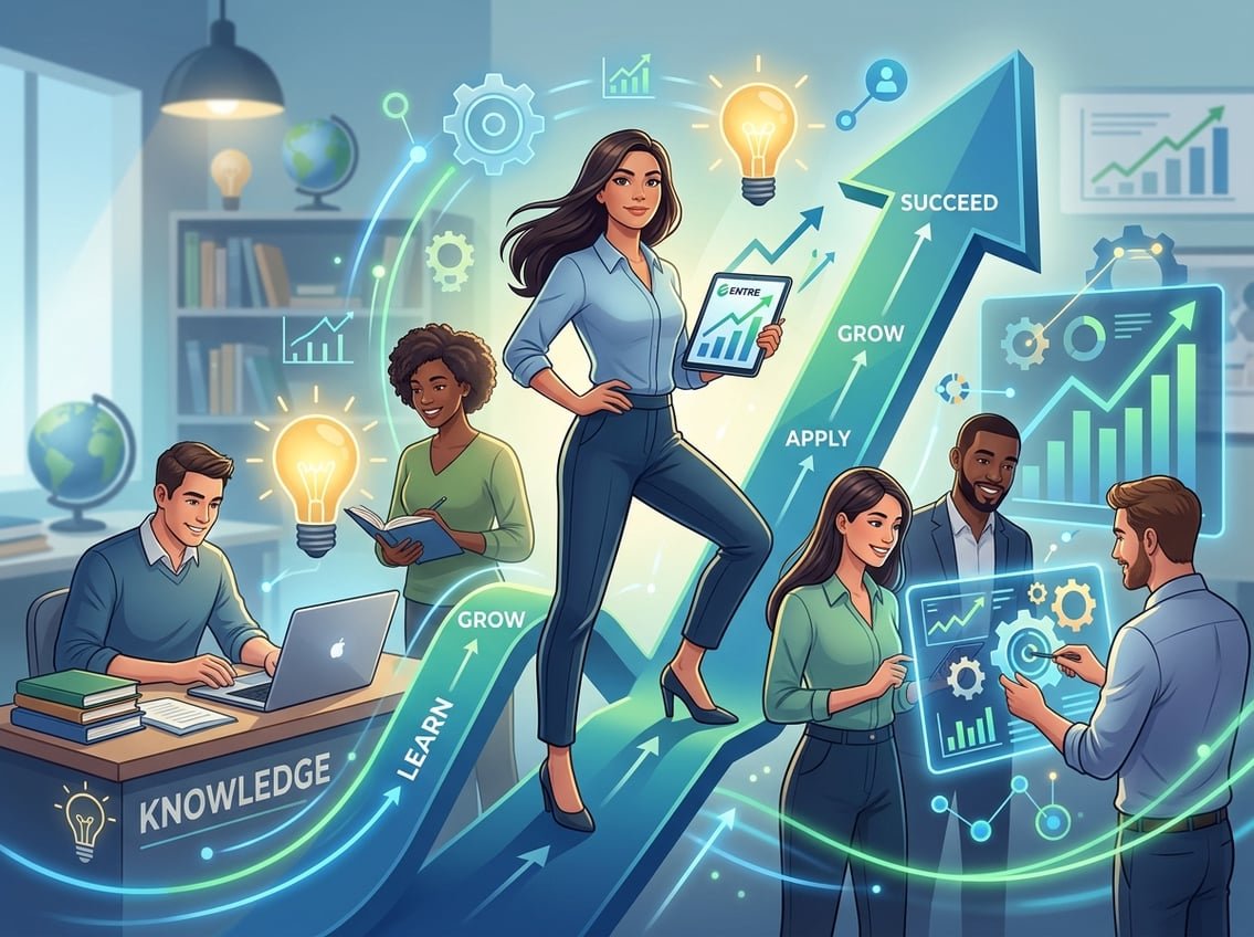 A group of people engaged in activities representing learning and personal growth with symbols of progress like upward arrows and graphs in a modern setting.