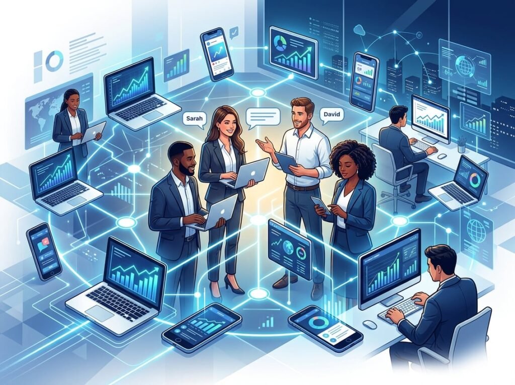 A group of business professionals connected by glowing lines and digital devices representing an online affiliate marketing network.