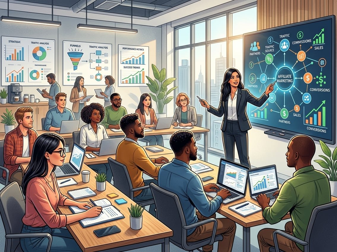 A group of people in a training room learning about affiliate marketing with a teacher pointing at a network diagram on a large screen.
